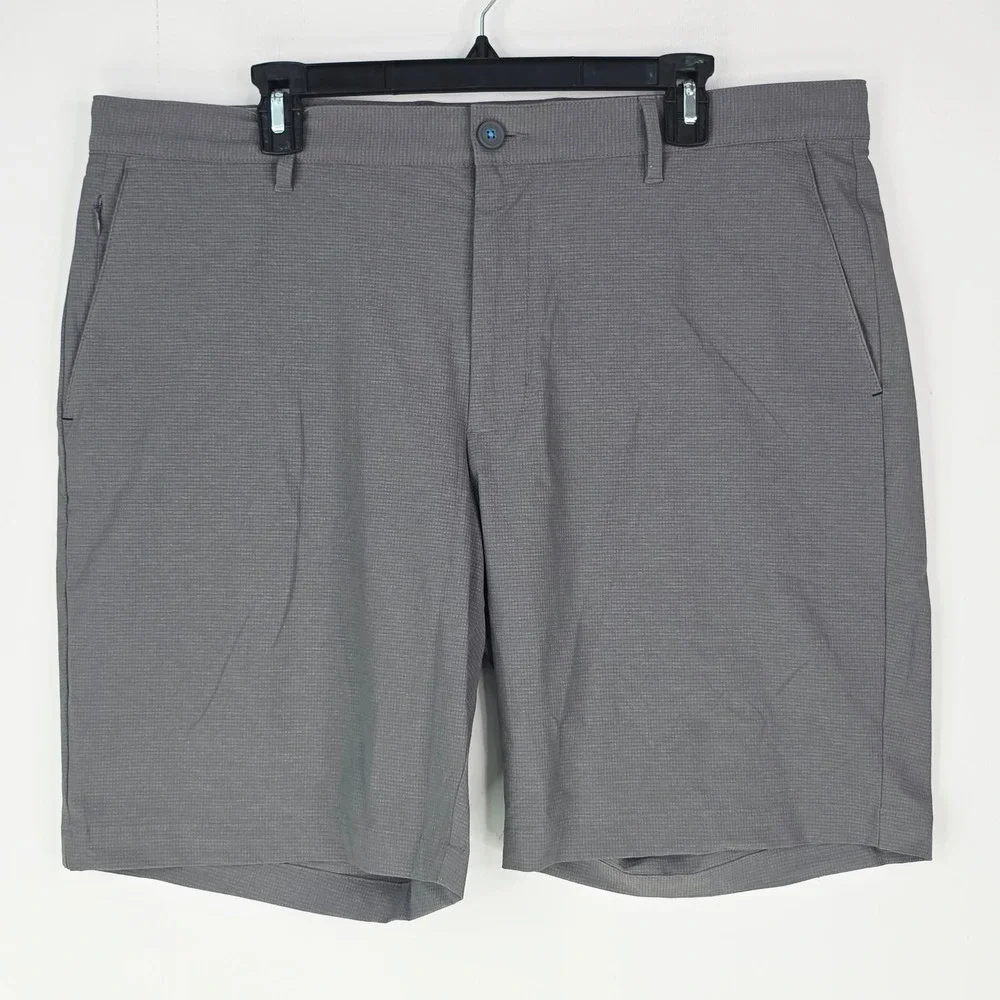 Tommy Bahama Men 38 Gray Micro Grid Golf Chip Shot Shorts Flat Front Marlin Logo